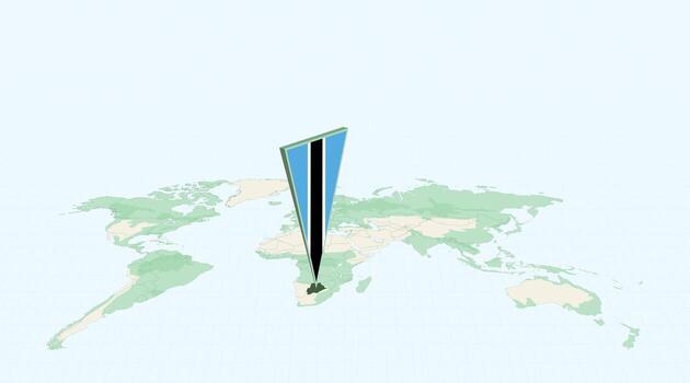 Highlighted Botswana on Global Map with 3D Flag Location Pin of Botswana. vector