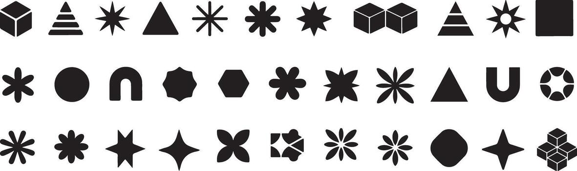 y2k brutalist geometric shapes, big collection of abstract figures, icons, labels, stickers, Modern bold brutalistic objects, and symbols for design vector