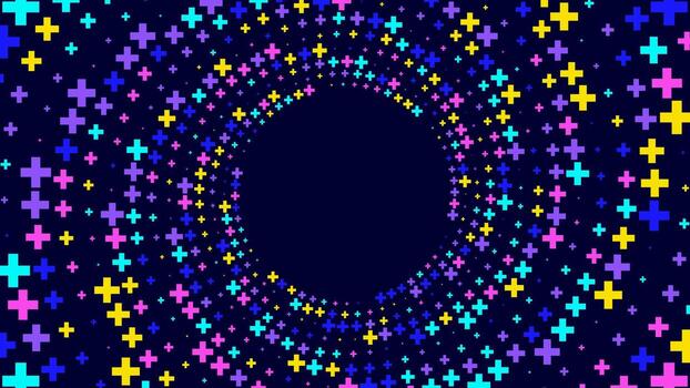 Abstract background with a swirling pattern of colorful plus signs on a dark blue background. vector