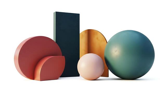 Geometric Shapes Composition with Circle, Rectangle, and Sphere on White photo