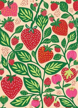 A vibrant pattern of various strawberries and leaves on a soft peach background, showcasing red and pink hues in diverse shapes vector