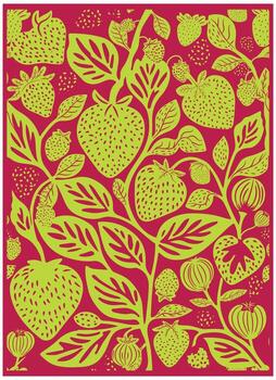 A vibrant pattern of green strawberries and leaves on a deep red background, showcasing various sizes and styles of fruit. vector