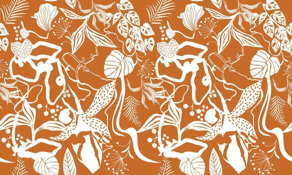 monochromatic botanical pattern featuring intricate leaves and flowers, creating a dynamic and organic design on a black background. vector