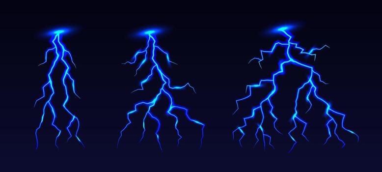 Lightning with a bright glow. Thunderstorm lightning set. Set of lightning strike bolt silhouettes. vector