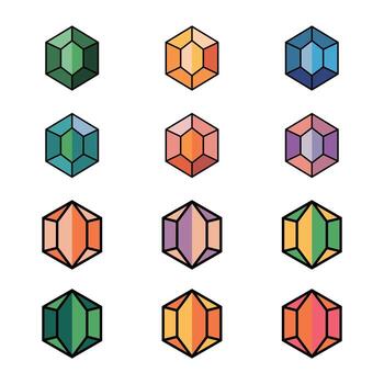 Prismatic Hexagonal Gem Icons Collection with Colorful Geometric Abstract Shapes Design vector