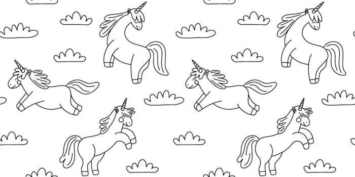 Doodle unicorns and clouds pattern. Hand drawn unicorn seamless pattern vector