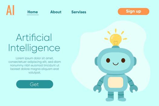 Artificial intelligence landing page with cute robot and light bulb. Cartoon ai mascot design for technology website. vector