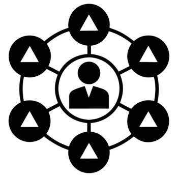 Black and white diagram showing a central person icon connected to six outer circles each containing a white triangle symbol vector