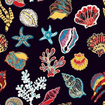 seamless pattern. sea shells and corals vector