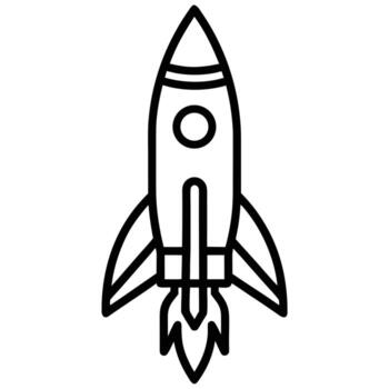 Stylized black outline of a rocket ship blasting off with flames on a white background spaceship vector