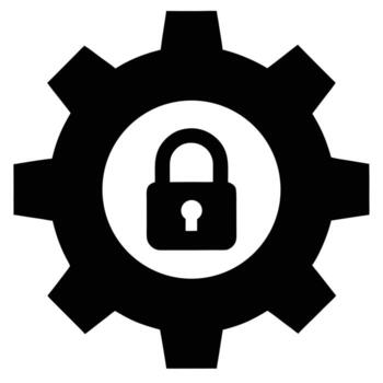 Black gear with a white circle containing a black padlock and keyhole on a white background security vector