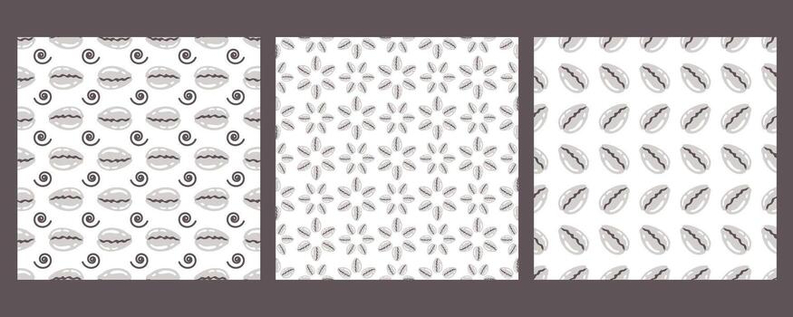 Shells seamless pattern. Set of repeat ornaments with sea elements and spiral symbols. Various shellfish on white background. Snall seashell. flat illustration vector