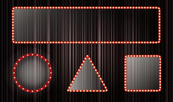 Brightly lit marquee shapes grace a dark backdrop. Circular, triangular, rectangular, and square forms are outlined with light bulbs, creating a vibrant atmosphere suitable for performances vector