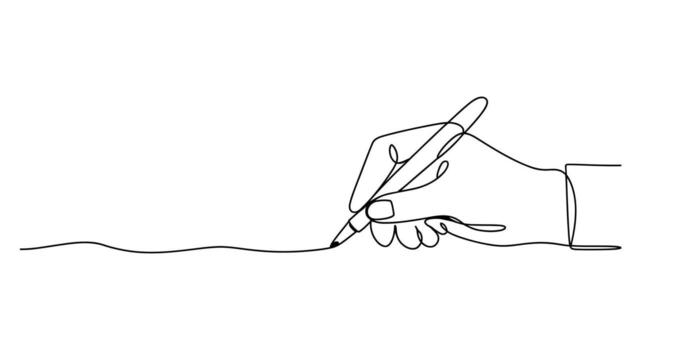 Continuous line drawing of a hand writing with a pen on white background vector
