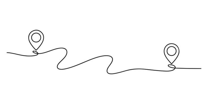 Continuous line drawing of location pin with route, one line art on white vector