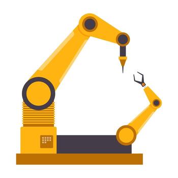 Two modern robotic arms work in sync on an automated production line. Sleek machinery showcases precision and advanced manufacturing technology. vector