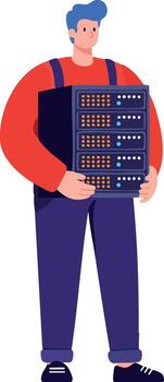 Young man holding computer server rack in modern data center illustration vector