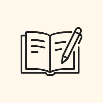 Simple outline icon of an open book and pen for creative writing notes and study vector