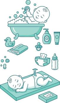 Cartoon Baby Bathing and Changing Routine Essentials Illustration Set. vector