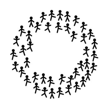 black and white illustration depicting a group of simple stick figures arranged in a circular formation, facing inwards towards the center vector