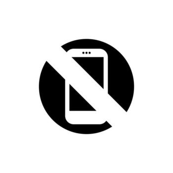 black and white illustration of a no cell phone sign. the design features a white smartphone icon in a minimalist solid black circle with a diagonal line vector
