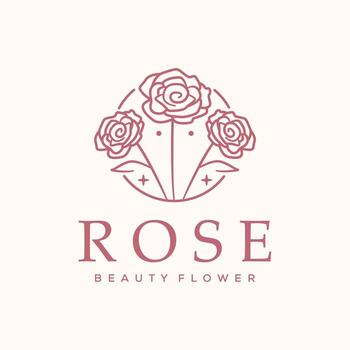 rose flower circular line art logo minimalist illustration design, roses with leaves, arranged within a circular frame with decorative element symbol design vector