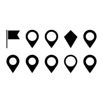Black location pins and flag icons map marker navigation symbol vector