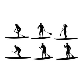 Stand up paddleboarders in silhouette stand up paddleboarding vector