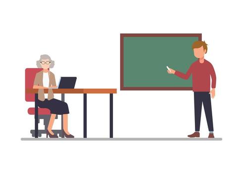 A student is giving a presentation in front of his teacher. He confidently explains his assignment. vector