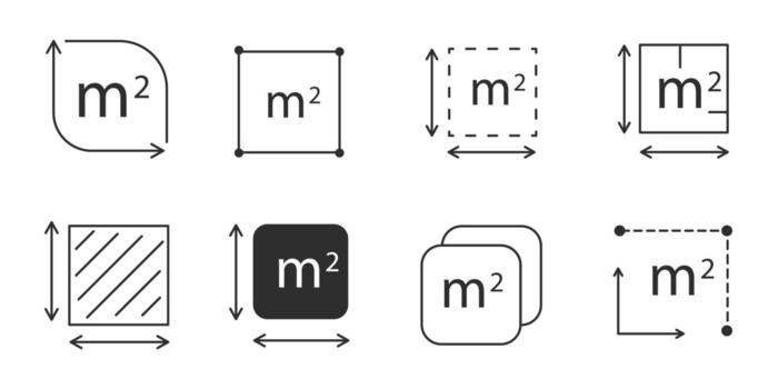 Square meter icons set line quantity area, m2 measuring area sign symbol. Simple territory measurement. Flat area square meter. vector