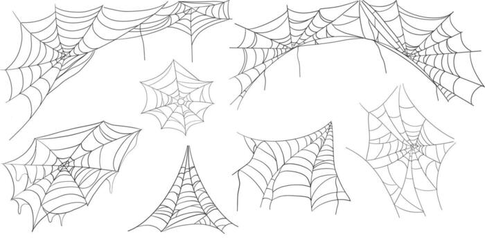 Set Spiderweb corner line border, gothic scary hanging net frame. Simple spooky halloween decoration. Cobweb spider trap. vector