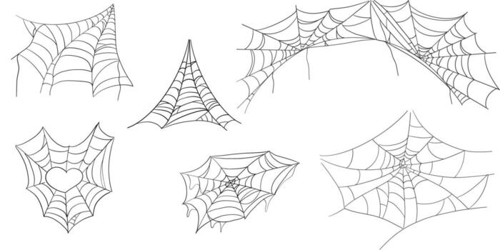 Spiderweb corner. set line border, gothic scary hanging net frame. Simple spooky halloween decoration. Cobweb spider trap. vector