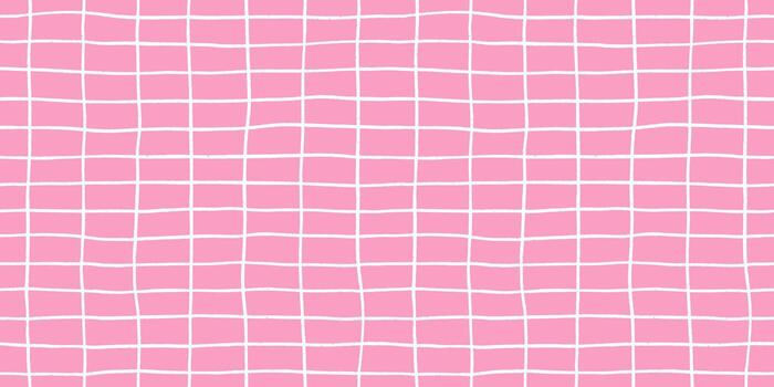 Wide check seamless pattern grid hand-drawn lines creating a playful background with pink square and wavy doodle textured stripes, perfect for cute designs and modern decor in crayon illustration. vector