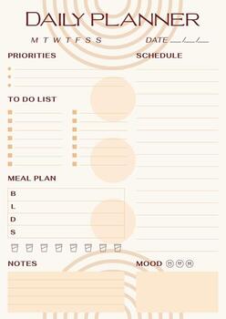 Abstract Boho line daily planner page template. Vertical journal routine organizer. Creative notepad plan vector