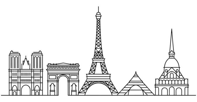 Paris Skyline with Eiffel Tower and Notre Dame Line Art on White Background cityscape vector