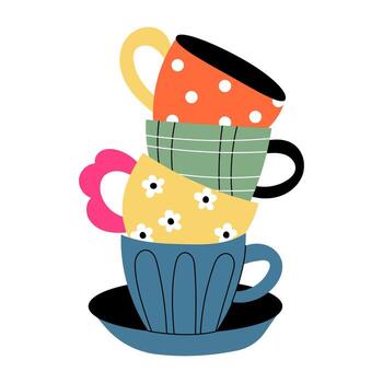 Stack of colorful cups illustration. Four stacked coffee or tea cups with different patterns polka dots, stripes, flowers, and plain on a saucer. Perfect for kitchen, cafe or beverage themes vector