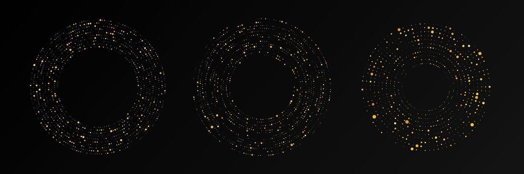 Abstract modern gold glowing halftone dotted background. Set of three gold glitter patterns in circle form. Circle halftone dots. illustration vector