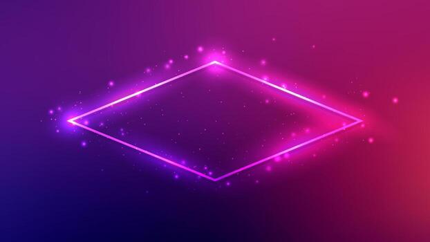Neon rhomb frame with shining effects and sparkles on dark purple background. Empty glowing techno backdrop. illustration vector