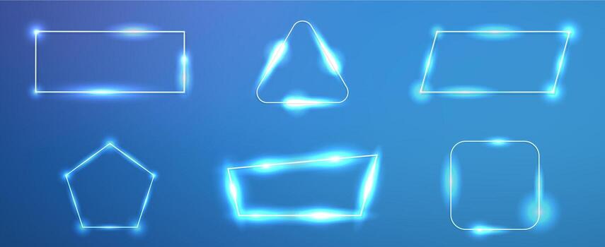 Set of six neon frames in different geometric forms with shining effects and sparkles on blue background. Empty glowing techno backdrop. illustration vector
