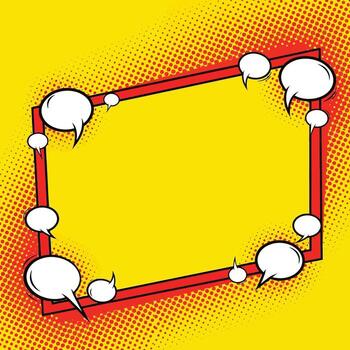 Bold comic frame background, pop-art style with halftone dots and speech bubble elements around the border, bright yellow and red vector