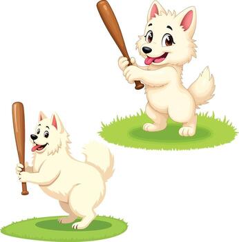 White Dog Playing Baseball vector