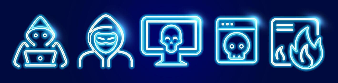 Cybercrime neon icons set with hacker, malware, danger file, phishing attack for warning graphic, IT security alert, threat detect. Futuristic cyber security glowing logo design. illustration vector