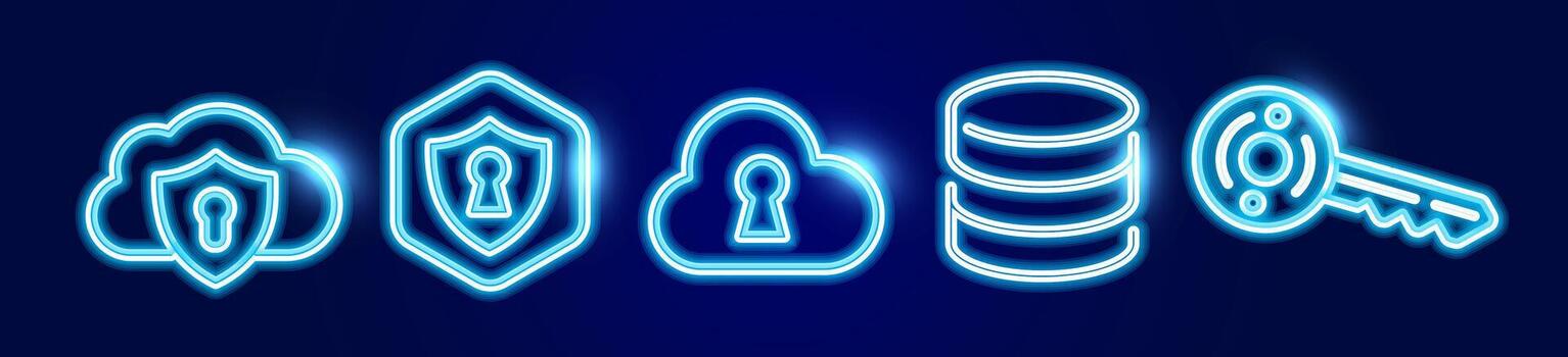 Blue neon cloud security neon icons set with lock, shield, database server, access key logo for data protect, server access, storage systems, digital encryption symbol, UI design. illustration vector