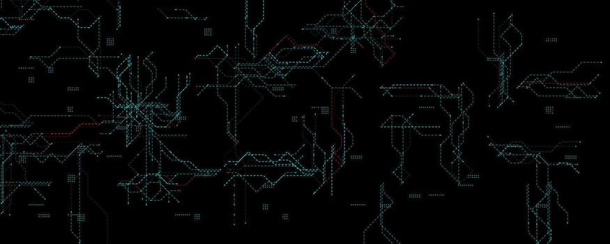 Futuristic Tech Grid With Neon Circuits, dark background with glowing blue and red dotted lines for cyber systems, hacking, or AI concepts. Encoding encryption process BG. illustration vector