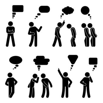 Stick figure dialog speech bubbles set. Talking, thinking, whispering body language man conversation icon pictogram vector