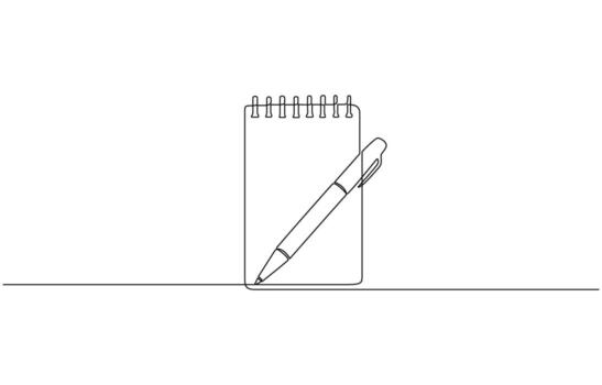 One continuous line drawing of opened book with pen. Studying book and pen for education in simple line. Writing business draft on office notes one line pro and white. vector