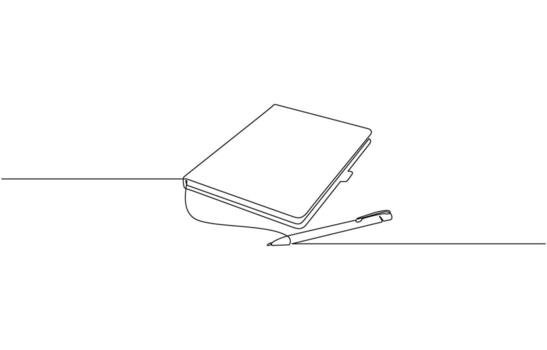 One continuous line drawing of opened book with pen. Studying book and pen for education in simple line. Writing business draft on office notes concept. vector