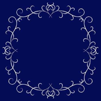 Lacy square frame with place for text. Curved intertwined lines and curls. Texture ornamental white frame on dark blue background. Refine elegance design card, page, etc. vector