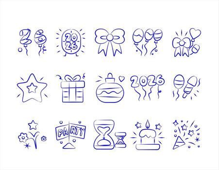 festivo fiesta y nuevo año 2026 contorno icono paquete mínimo garabatear para web, móvil aplicación ui, y imprimible pegatinas vector