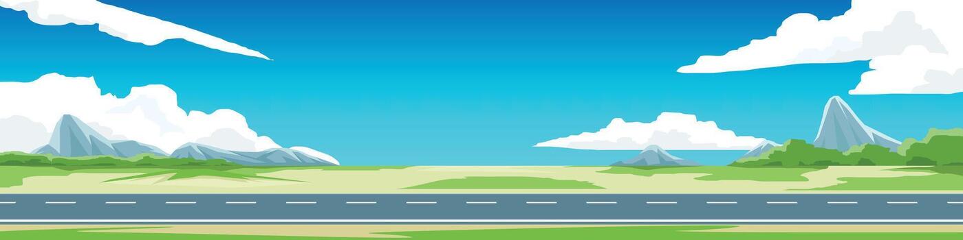 Horizontal or horizontal banner background of asphalt road. Background is a flat grassland with wide open land and hills. White clouds and blue clear sky. vector